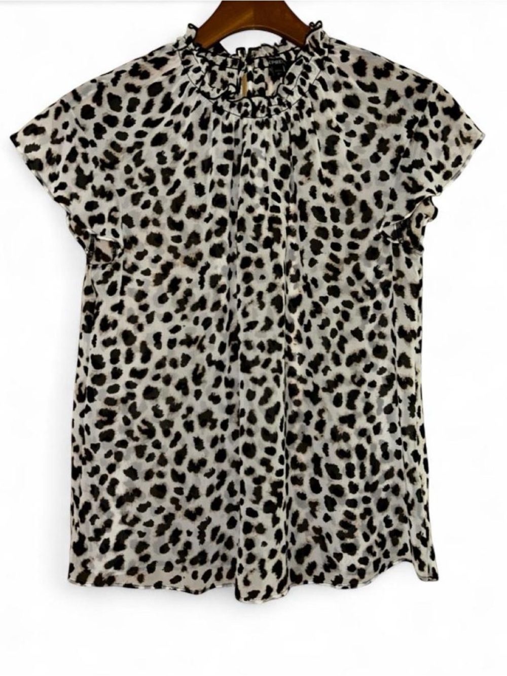 Express Leopard Print Ruffle Neck Blouse - Black & Cream